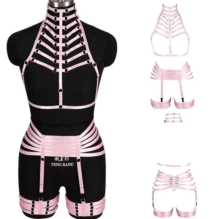 Woman Leg Harness Garter Belt Top Neck Body Cage Open Chest Bra Adjust Bondage Lingerie Punk Goth Sexy Body Harness Set