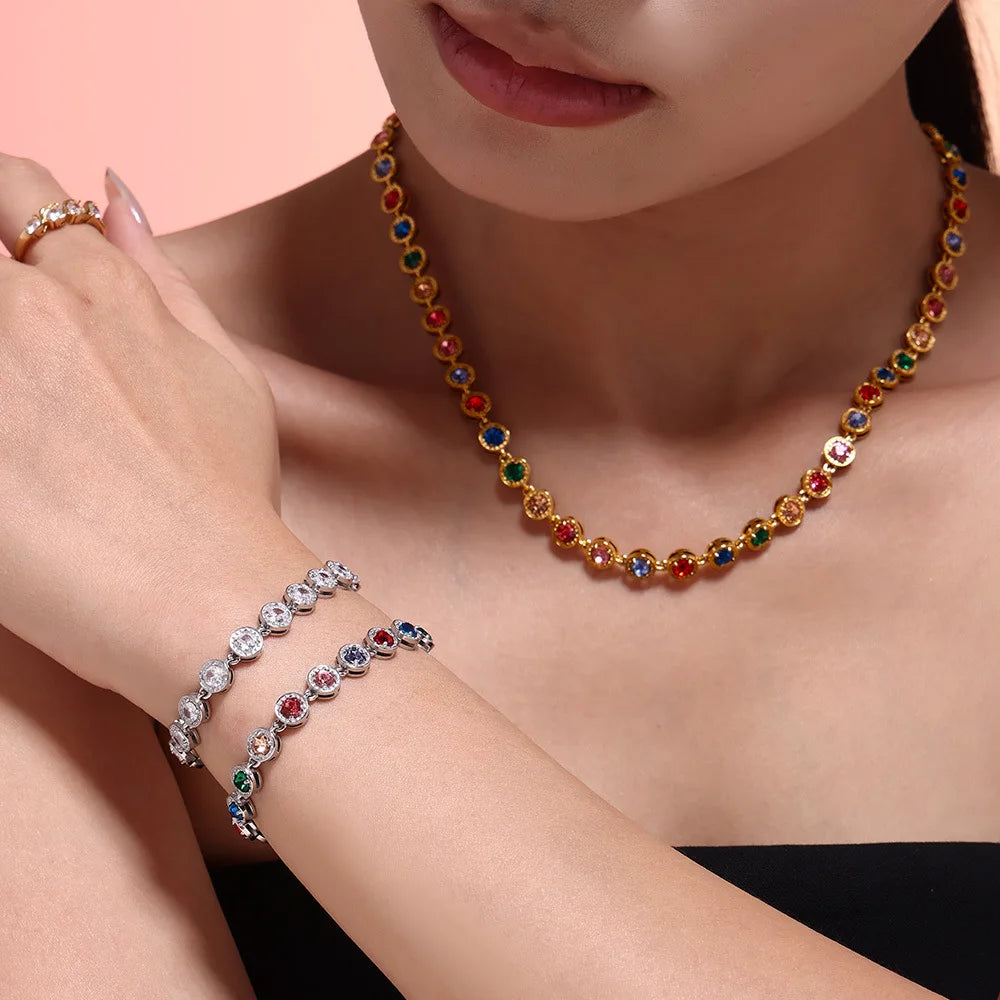 YF3961 Stainless Steel Waterproof Jewelry Set 18k PVD Gold Plated Colored Zircon Splicing Necklace Non Tarnish Bracelet