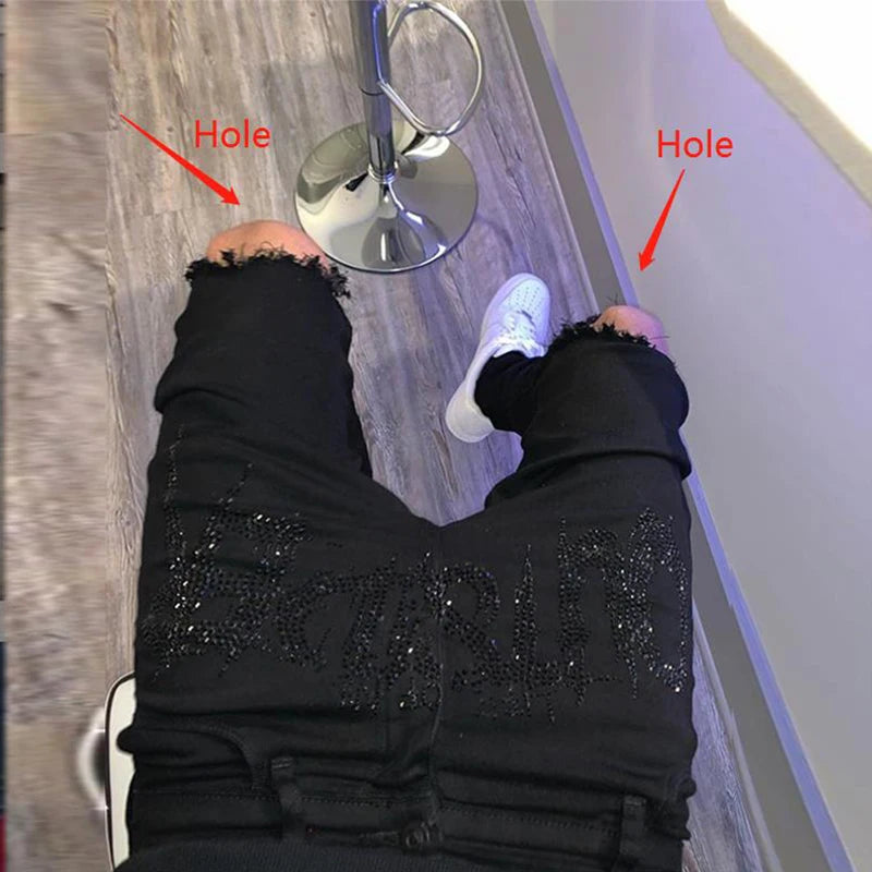 Neue Herren-Trend-Schwarze zerrissene Jeans Fashion Street Hole Hose Gemütliches Skinny-Design Hot Rhinestone Stretch Soft Washed Denim Pants