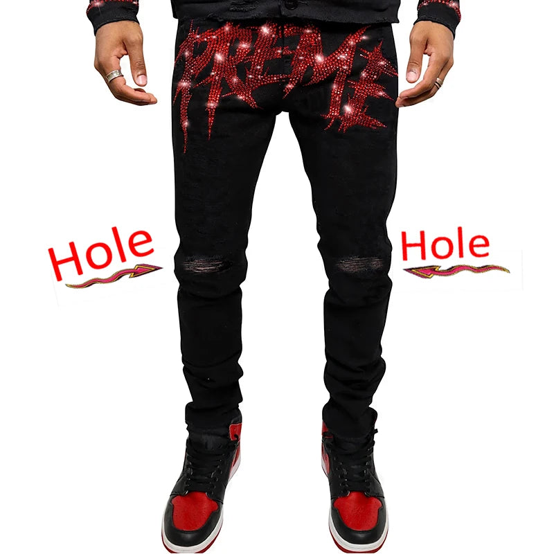 Neue Herren-Trend-Schwarze zerrissene Jeans Fashion Street Hole Hose Gemütliches Skinny-Design Hot Rhinestone Stretch Soft Washed Denim Pants