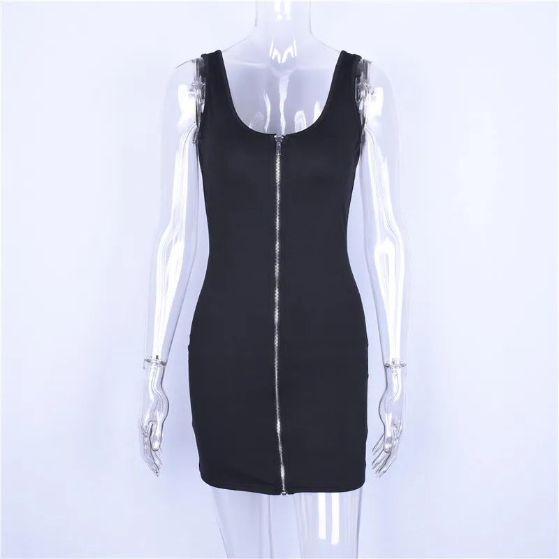 Hugcitar sleeveless V-neck zipper backless sexy bodycon mini dress summer women fashion black party clothes