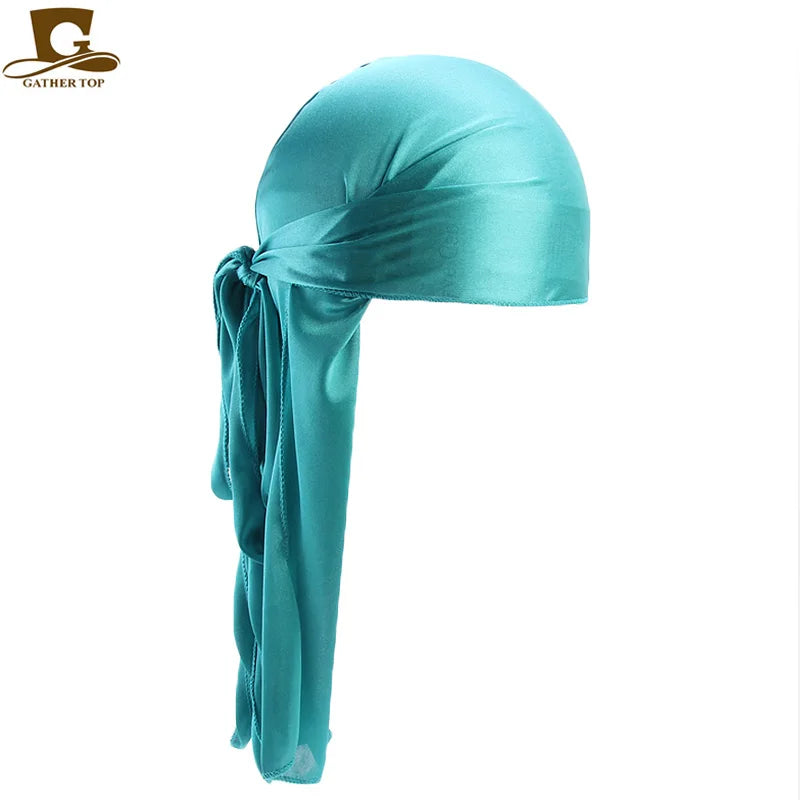 Durag mit langem Schwanz, seidiger Schal, muslimischer Doo Rag, Piratenhut, Durag, Chemo-Mütze, Totenkopfhut, Turban-Haarband, Bandanas, 18 Farben zur Auswahl