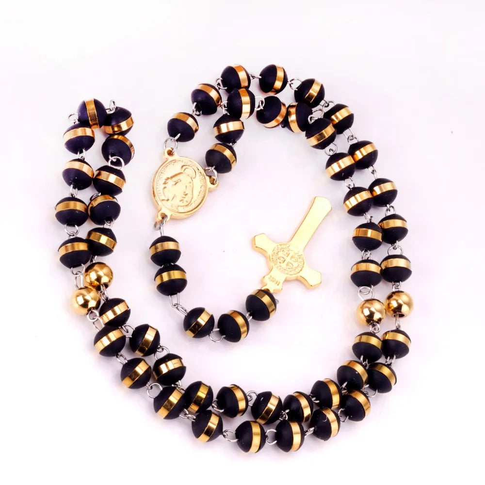 LUXUSTEEL Stainless Steel Long Necklace Virgin Mary Cross Pendant with 35cm+15cm Extender Bead Chain Jewelry