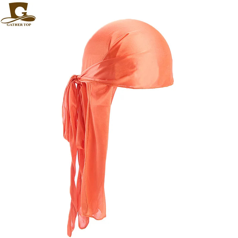 Durag mit langem Schwanz, seidiger Schal, muslimischer Doo Rag, Piratenhut, Durag, Chemo-Mütze, Totenkopfhut, Turban-Haarband, Bandanas, 18 Farben zur Auswahl