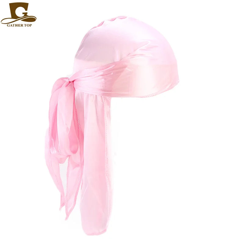 Durag mit langem Schwanz, seidiger Schal, muslimischer Doo Rag, Piratenhut, Durag, Chemo-Mütze, Totenkopfhut, Turban-Haarband, Bandanas, 18 Farben zur Auswahl