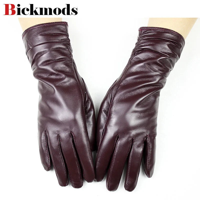 Sheepskin Leather Gloves Women's Fashion Elastic Style Velvet Lining to Keep Warm in Autumn and Winter Retro Color Points