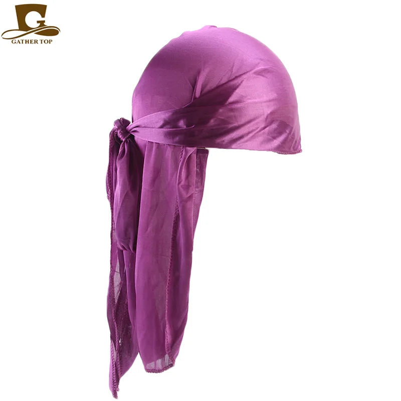Durag mit langem Schwanz, seidiger Schal, muslimischer Doo Rag, Piratenhut, Durag, Chemo-Mütze, Totenkopfhut, Turban-Haarband, Bandanas, 18 Farben zur Auswahl