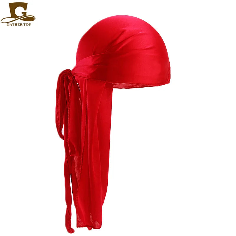 Durag mit langem Schwanz, seidiger Schal, muslimischer Doo Rag, Piratenhut, Durag, Chemo-Mütze, Totenkopfhut, Turban-Haarband, Bandanas, 18 Farben zur Auswahl
