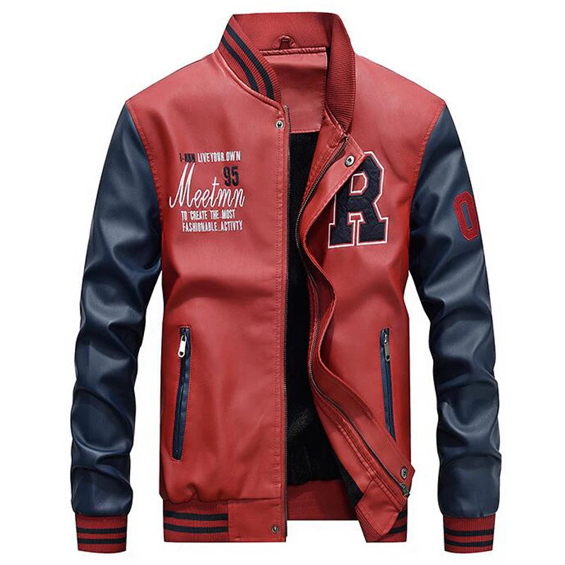 Jacket Men Embroidery Baseball Jackets Pu Leather Coats Slim Fit College Luxury Fleece Pilot Leather Jackets casaco masculino