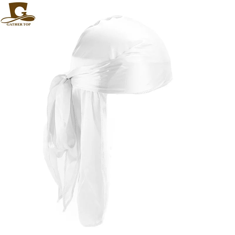 Durag mit langem Schwanz, seidiger Schal, muslimischer Doo Rag, Piratenhut, Durag, Chemo-Mütze, Totenkopfhut, Turban-Haarband, Bandanas, 18 Farben zur Auswahl