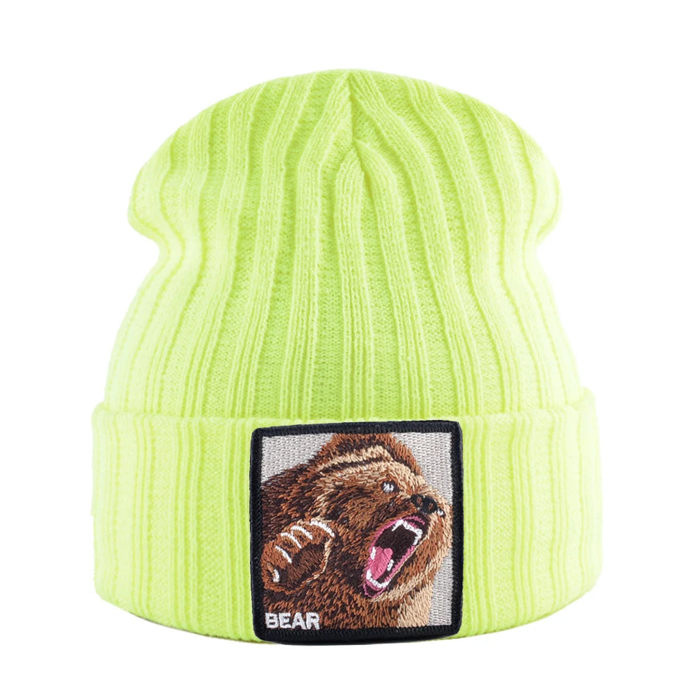 Embroidery Bear Knitted Beanies Hat Men Solid Color Autumn Winter Knitting Boy Skullies Caps Women Streetwear Kpop Gorras Bonnet