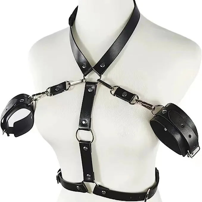Hollow-Out PU Leather Bondage Dress with Belt Shoulder & Garter Straps Fetish Restraint Wear for BDSM Play