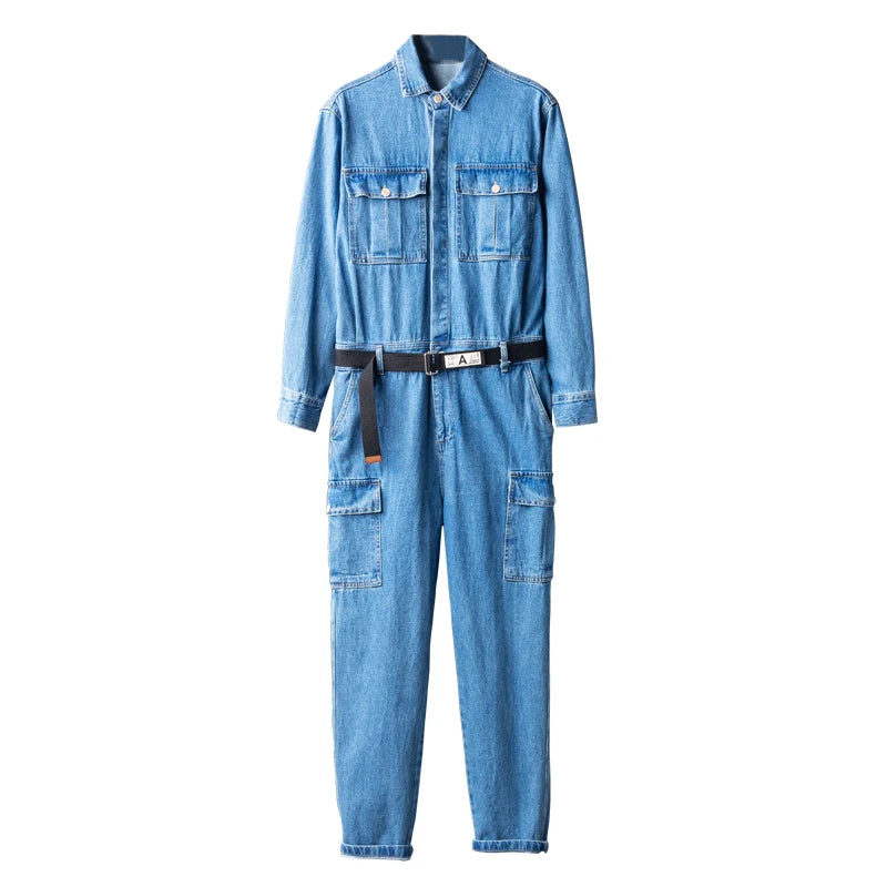 Men Hip Hop Denim Cargo Jacket Set Japan Style Retro Loose Blue Jumpsuit Multi-Pockets Casual Overalls Outdoor Trousers Male