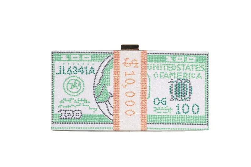 Luxury Money Clutch Rhinestone Purse 10000 Dollars Stack of Cash Evening Handbags Shoulder Wedding Dinner Bag 8 Color Wallet