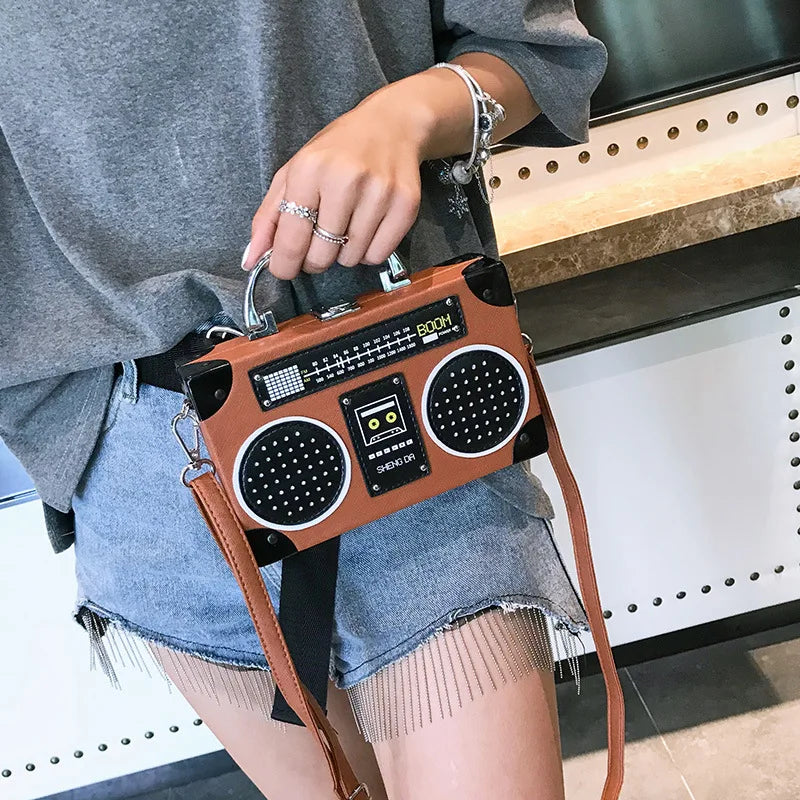Unique Retro Radio Box Bag Ladies Leather Handbag Shoulder Bag Metal Handle Purse Women's Crossbody Messenger Pouch Flap Bolsas