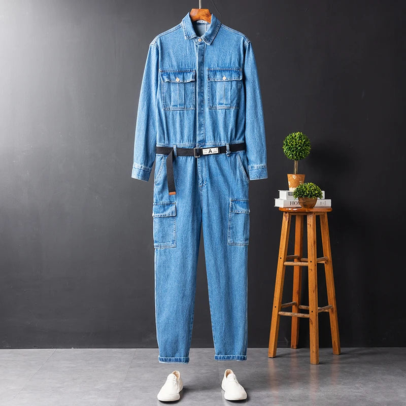 Men Hip Hop Denim Cargo Jacket Set Japan Style Retro Loose Blue Jumpsuit Multi-Pockets Casual Overalls Outdoor Trousers Male