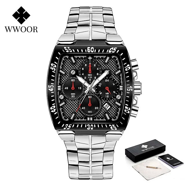 WWOOR Men Chronograph Sport Watches For Men Fashion Square Top Brand Luxury Stainless Steel Waterproof Quartz Watch Reloj Hombre