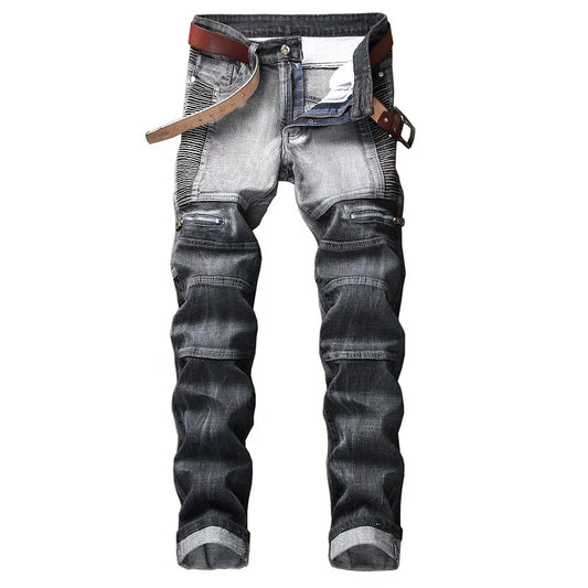 High Quality Men Casual Jeans Coated Slim Straight Pleated Biker Jeans Pants Male Denim Casual Pants Plus Size 42