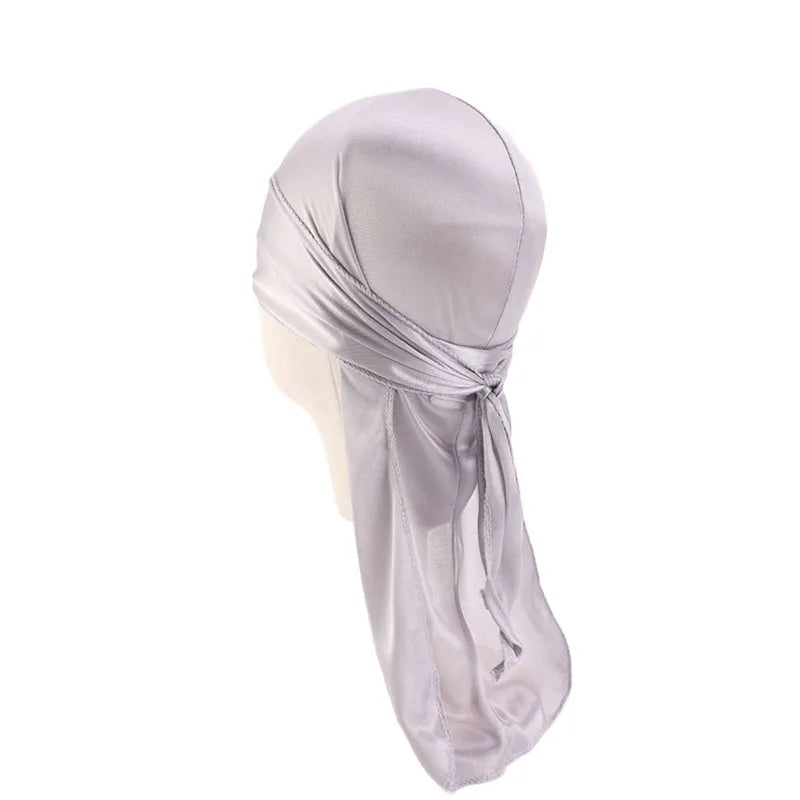 Durag mit langem Schwanz, seidiger Schal, muslimischer Doo Rag, Piratenhut, Durag, Chemo-Mütze, Totenkopfhut, Turban-Haarband, Bandanas, 18 Farben zur Auswahl