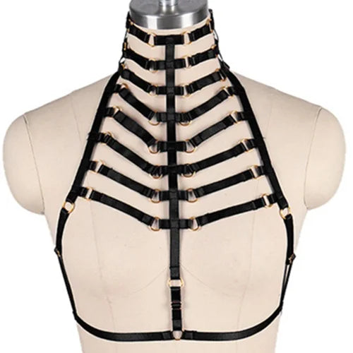 Woman Leg Harness Garter Belt Top Neck Body Cage Open Chest Bra Adjust Bondage Lingerie Punk Goth Sexy Body Harness Set