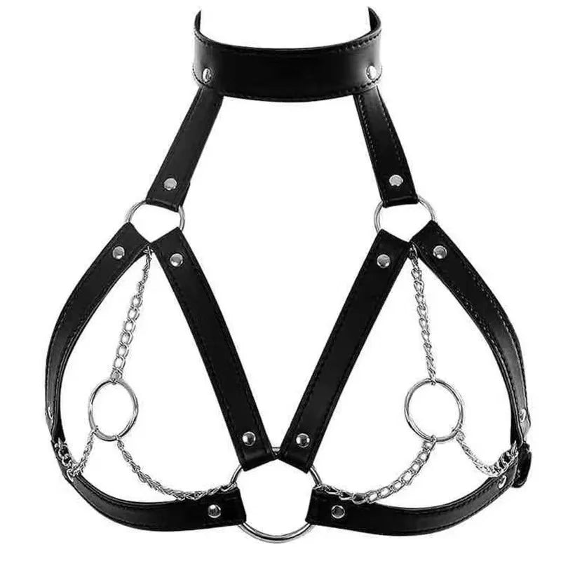 SM Chastity Teach and Bind Flirting Dog Slave Adult European and American Women PU Bdsm Binding Leather Sexy Body Iron Chain Bra