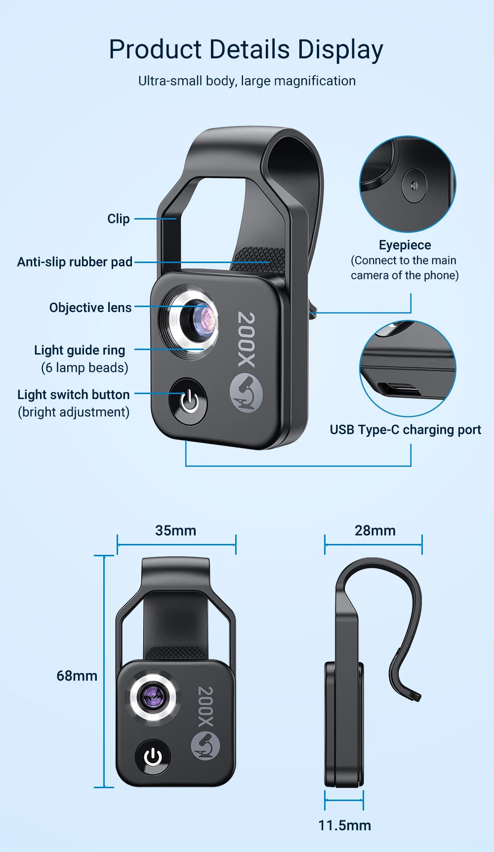 APEXEL 200X Microscope Lens for Mobile Phone Macro Lens with CPL Filter LED Light HD Camera Magnifying Lens Phone Accessories