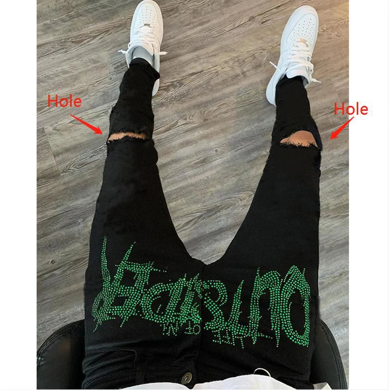 Neue Herren-Trend-Schwarze zerrissene Jeans Fashion Street Hole Hose Gemütliches Skinny-Design Hot Rhinestone Stretch Soft Washed Denim Pants