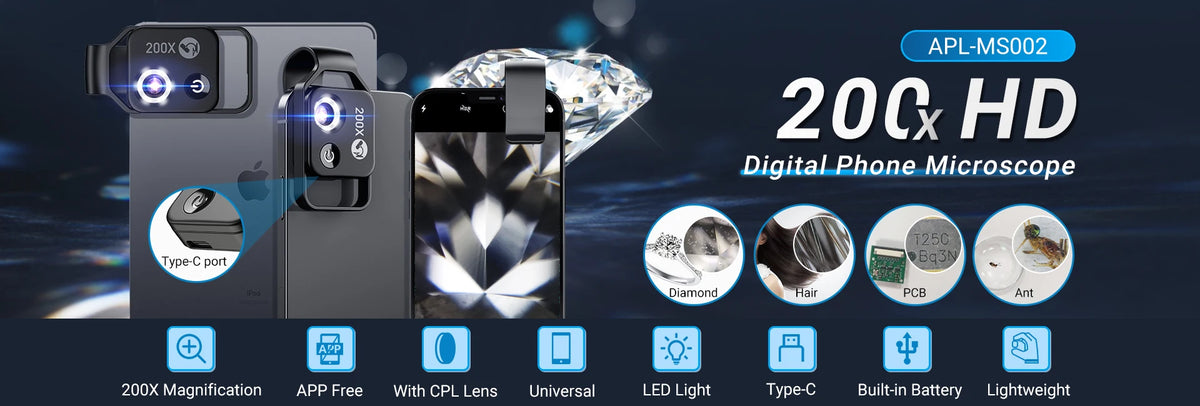 APEXEL 200X Microscope Lens for Mobile Phone Macro Lens with CPL Filter LED Light HD Camera Magnifying Lens Phone Accessories