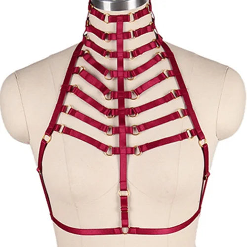 Woman Leg Harness Garter Belt Top Neck Body Cage Open Chest Bra Adjust Bondage Lingerie Punk Goth Sexy Body Harness Set