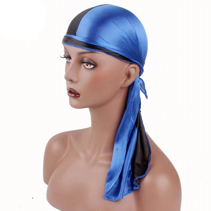 Durag mit langem Schwanz, seidiger Schal, muslimischer Doo Rag, Piratenhut, Durag, Chemo-Mütze, Totenkopfhut, Turban-Haarband, Bandanas, 18 Farben zur Auswahl