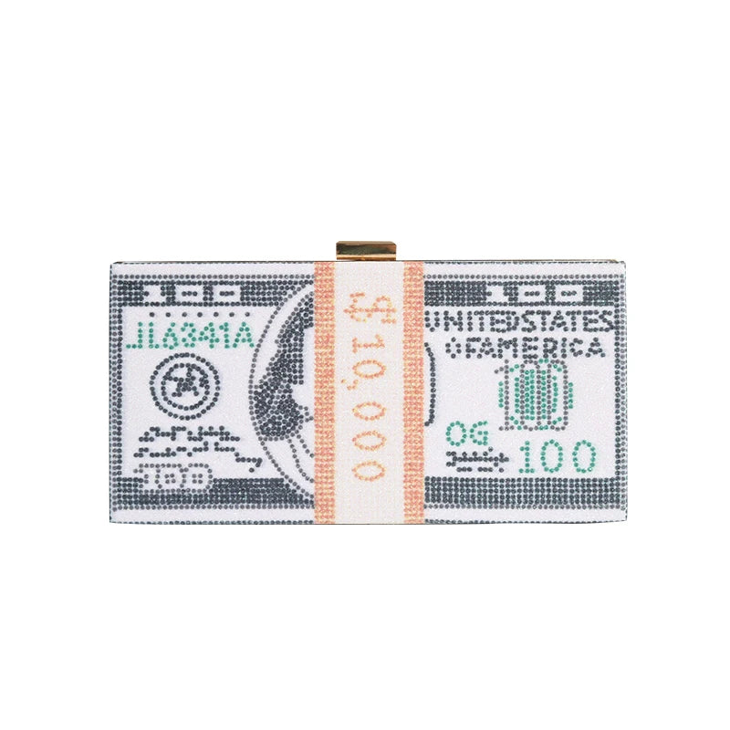 Luxury Money Clutch Rhinestone Purse 10000 Dollars Stack of Cash Evening Handbags Shoulder Wedding Dinner Bag 8 Color Wallet