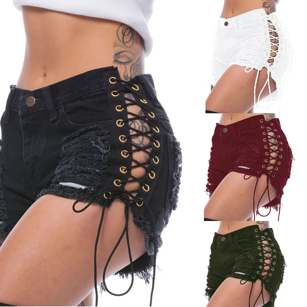 Summer Ripped Side Corns Bandage Denim Shorts Women's Street Fashion Hot Short Jeans Hollow Out Sexy Shorts Female Plus Size