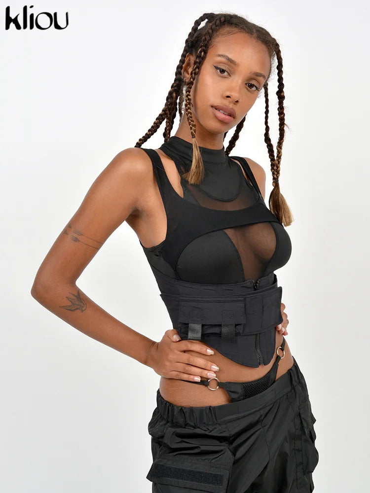 Kliou Biker Shorts Top Women Hipster Y2K Irregular Shape Stitching Mesh High Street Style Clothing Sexy Cleavage Sheath Wear