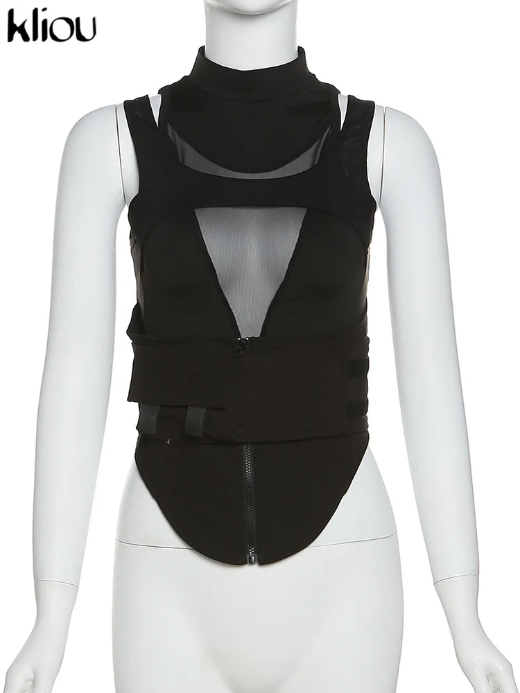 Kliou Biker Shorts Top Women Hipster Y2K Irregular Shape Stitching Mesh High Street Style Clothing Sexy Cleavage Sheath Wear