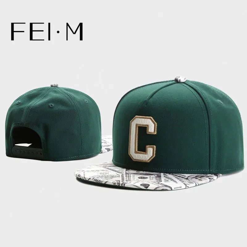 FEI M Fashion GLD CEE BENJAMINS Verstellbare Snapback-Kappe, grüner Buchstabe C, Baseballkappe für Erwachsene, lässig, Sport, Sonne, Basketballmütze, 5