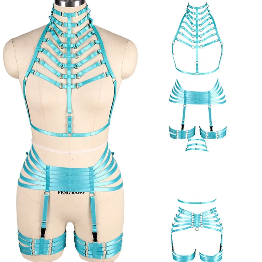 Woman Leg Harness Garter Belt Top Neck Body Cage Open Chest Bra Adjust Bondage Lingerie Punk Goth Sexy Body Harness Set