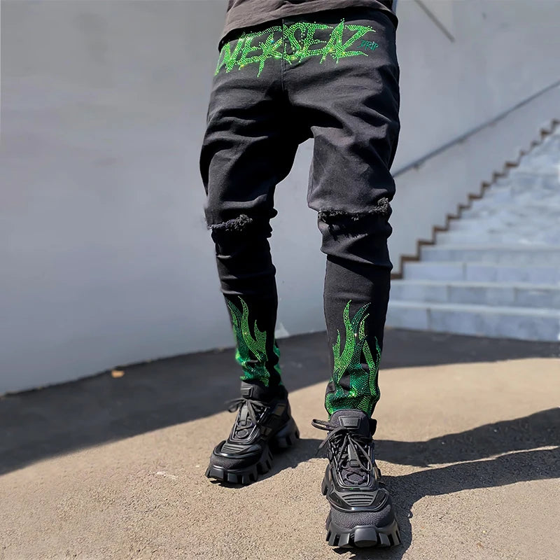 Y2K Herren Stretchy Ripped Skinny Black Jeans Schlanke hochwertige Lochhose Ästhetische Strasssteine ​​Streetwear Denim Bleistifthose