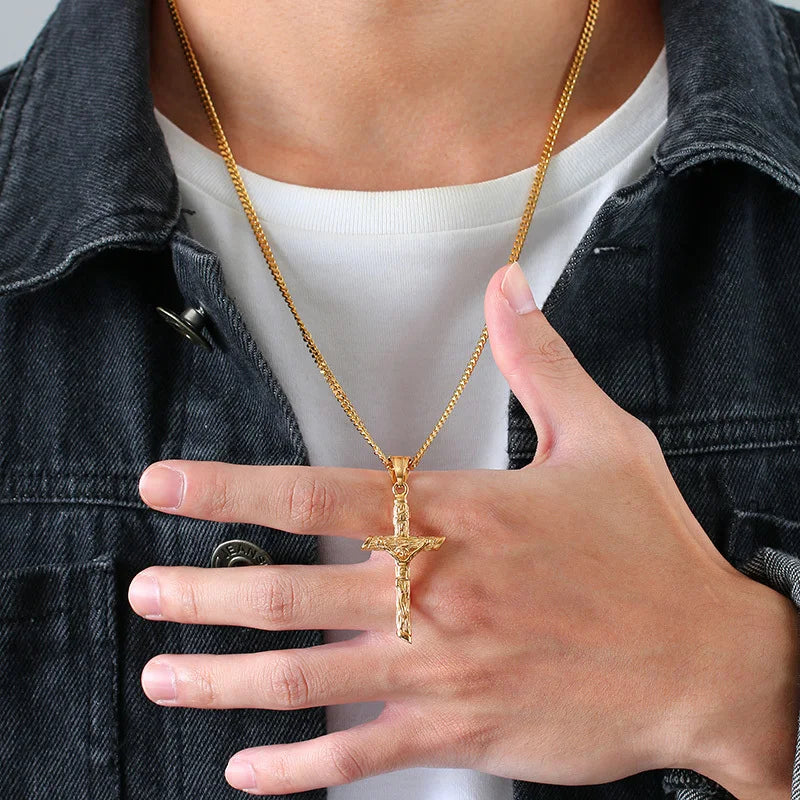 Vnox Cross Necklace for Men Women,Catholicism Jesus Pendant,Gold Color Stainless Steel Unisex Collar,Church Prayer Faith Jewelry