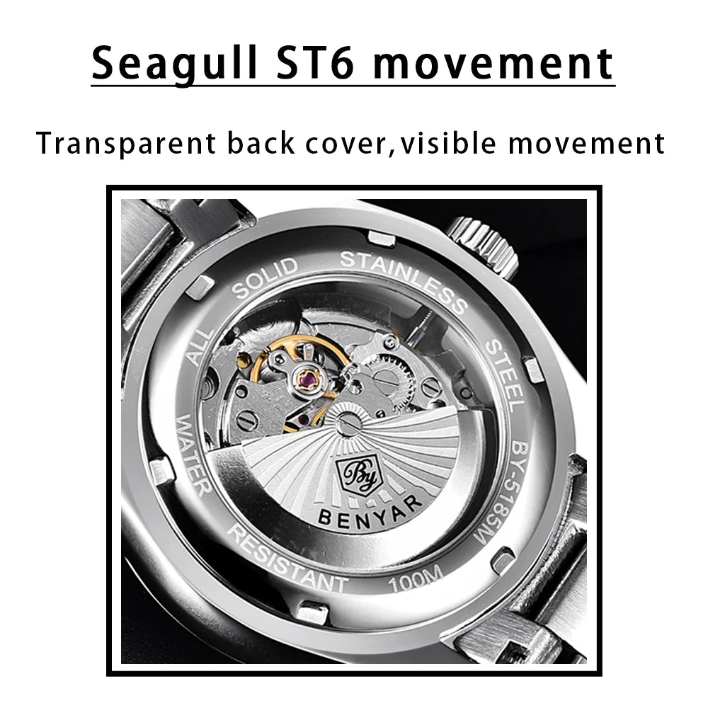 BENYAR Neue Taucheruhr für Männer 10Bar wasserdichte Herren Mechanische Armbanduhren Luxus Edelstahl Automatikuhren