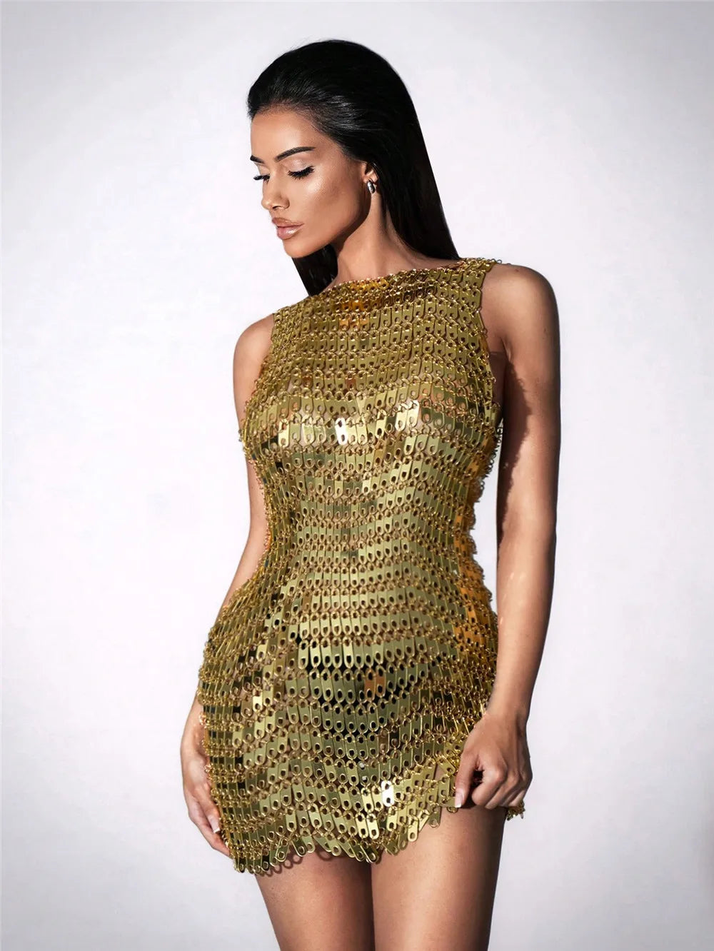 New Style Club Party Women's Clothing Sexy Slim-fit Spaghetti Strap Tea-Length Illusion Shiny Sequin Dress