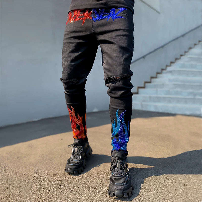 Y2K Herren Stretchy Ripped Skinny Black Jeans Schlanke hochwertige Lochhose Ästhetische Strasssteine ​​Streetwear Denim Bleistifthose