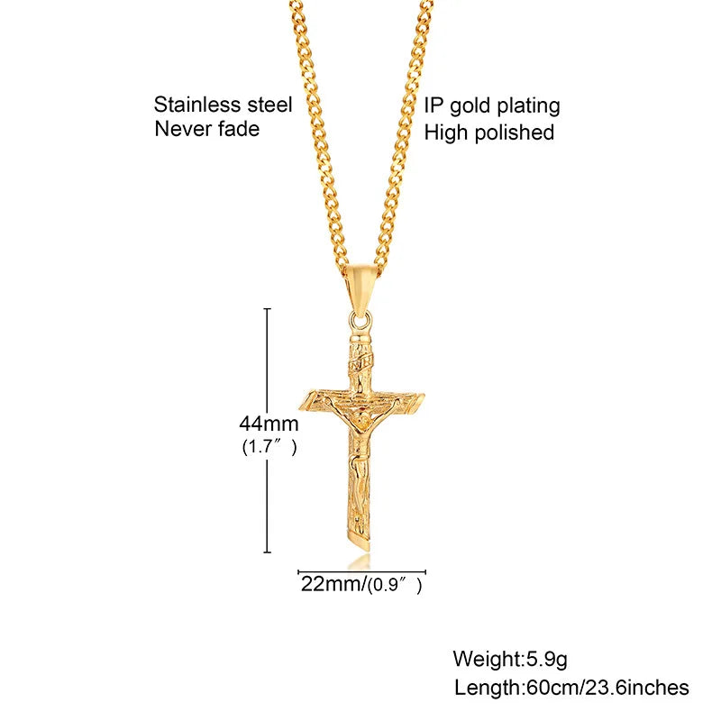 Vnox Cross Necklace for Men Women,Catholicism Jesus Pendant,Gold Color Stainless Steel Unisex Collar,Church Prayer Faith Jewelry