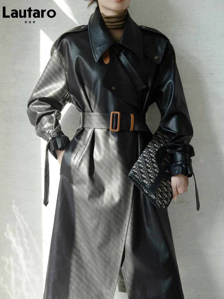 Lautaro Spring Autumn Oversized Cool Black Long Leather Trench Coat for Women Belt Long Sleeve Loose European Fashion 2021 2022