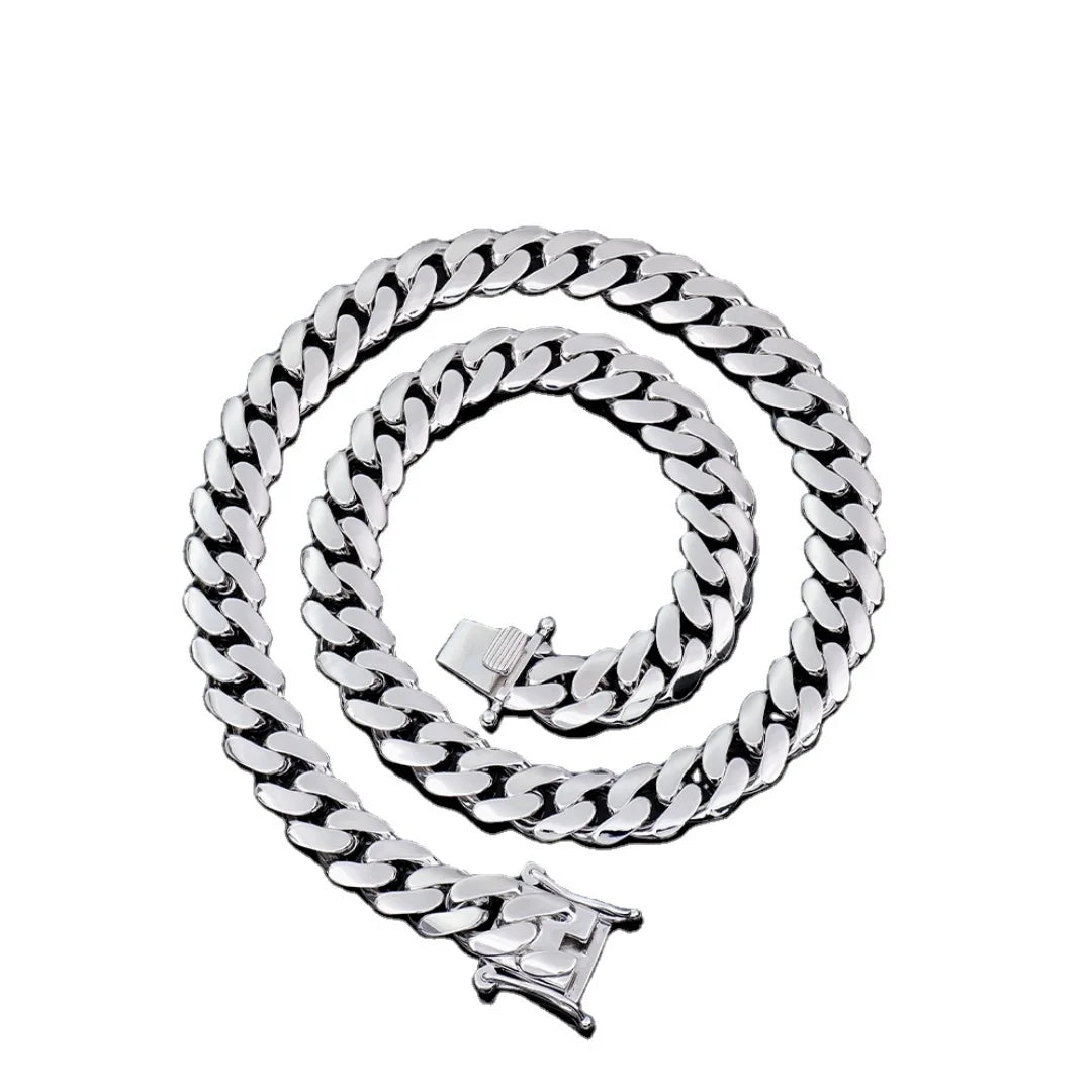 Heavy Metal Style 925 Sterling Silver Hiphop Jewelry Rhodium Plated 18mm Plain Cuban Link Chain Necklace for Rapper
