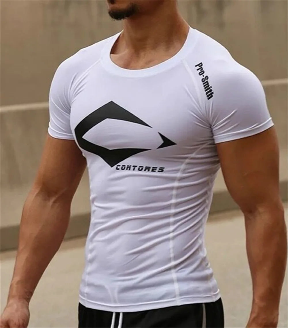 Herren-T-Shirt mit Aufdruck, schnelltrocknend, Fitness, Outdoor-Sport, Laufen, Klettern, kurzärmelig, Strumpfhose, Bodybuilding-Oberteile, Corest-T-Shirt