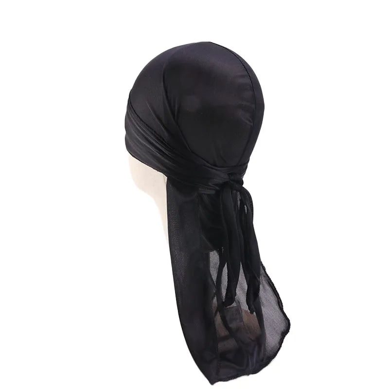 Durag mit langem Schwanz, seidiger Schal, muslimischer Doo Rag, Piratenhut, Durag, Chemo-Mütze, Totenkopfhut, Turban-Haarband, Bandanas, 18 Farben zur Auswahl
