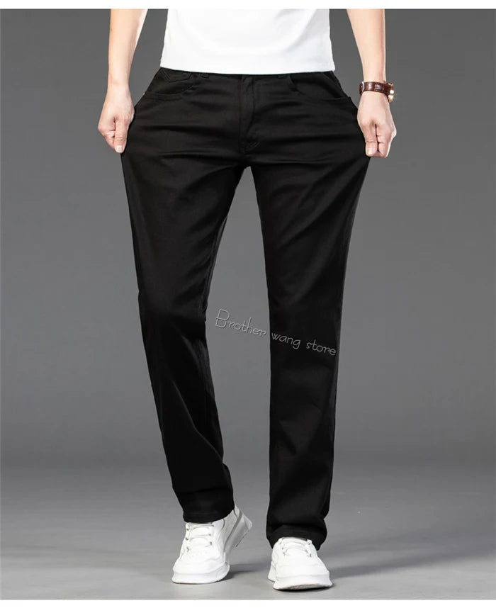 Classic Style Men's Regular Fit White Jeans Business Fashion Denim Advanced Stretch Cotton Trousers Male Brand Pants