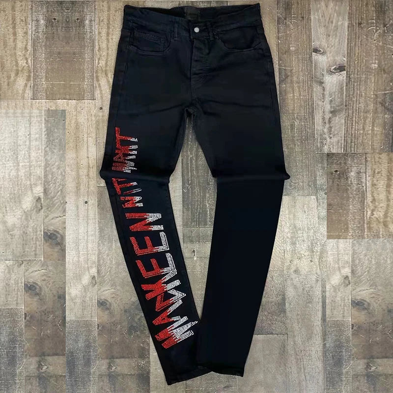 Y2K Herren Stretchy Ripped Skinny Black Jeans Schlanke hochwertige Lochhose Ästhetische Strasssteine ​​Streetwear Denim Bleistifthose