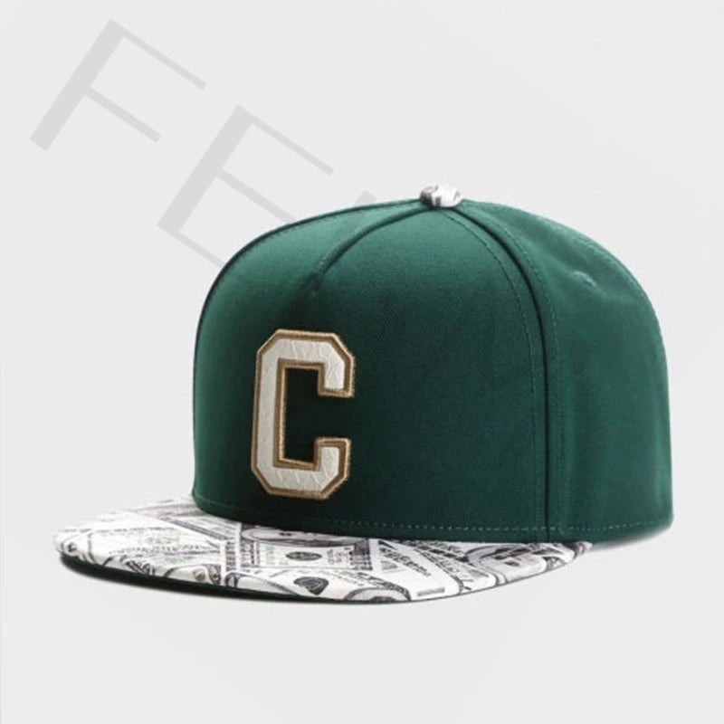 FEI M Fashion GLD CEE BENJAMINS Verstellbare Snapback-Kappe, grüner Buchstabe C, Baseballkappe für Erwachsene, lässig, Sport, Sonne, Basketballmütze, 5
