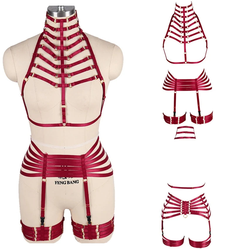Woman Leg Harness Garter Belt Top Neck Body Cage Open Chest Bra Adjust Bondage Lingerie Punk Goth Sexy Body Harness Set